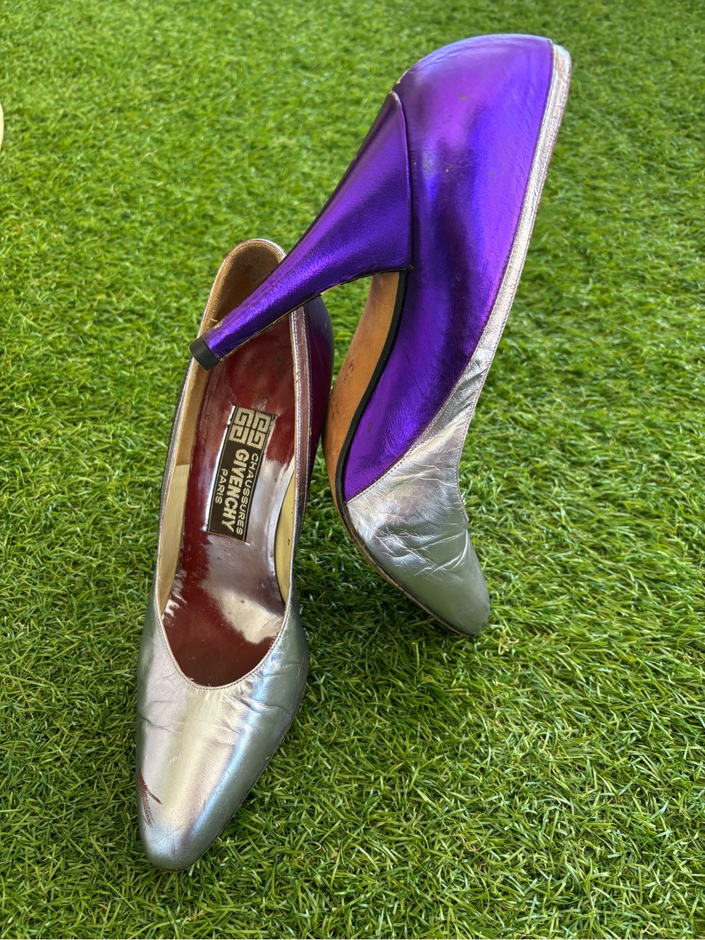 Vintage Givenchy Metallic Silver and Purple Leather Pointed-Toe Pumps